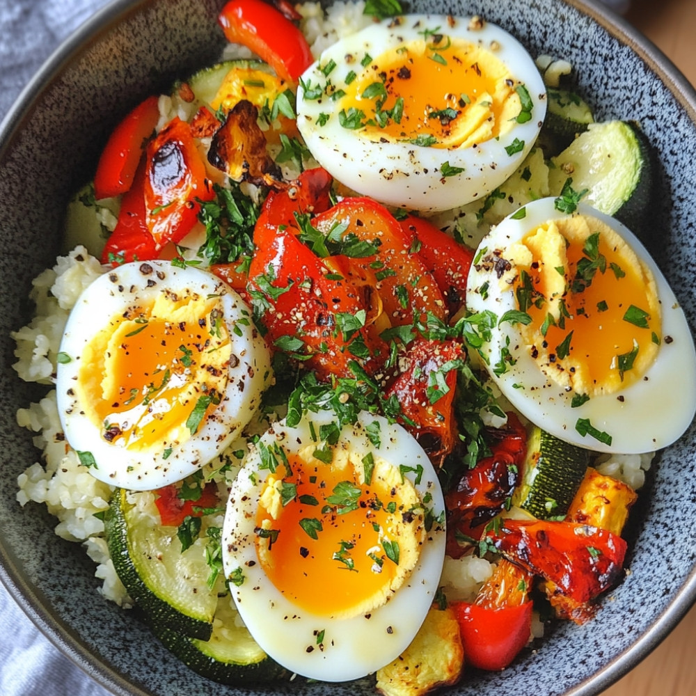 Bols de ovos mollet, legumes rôtis e riz de chou-fleur