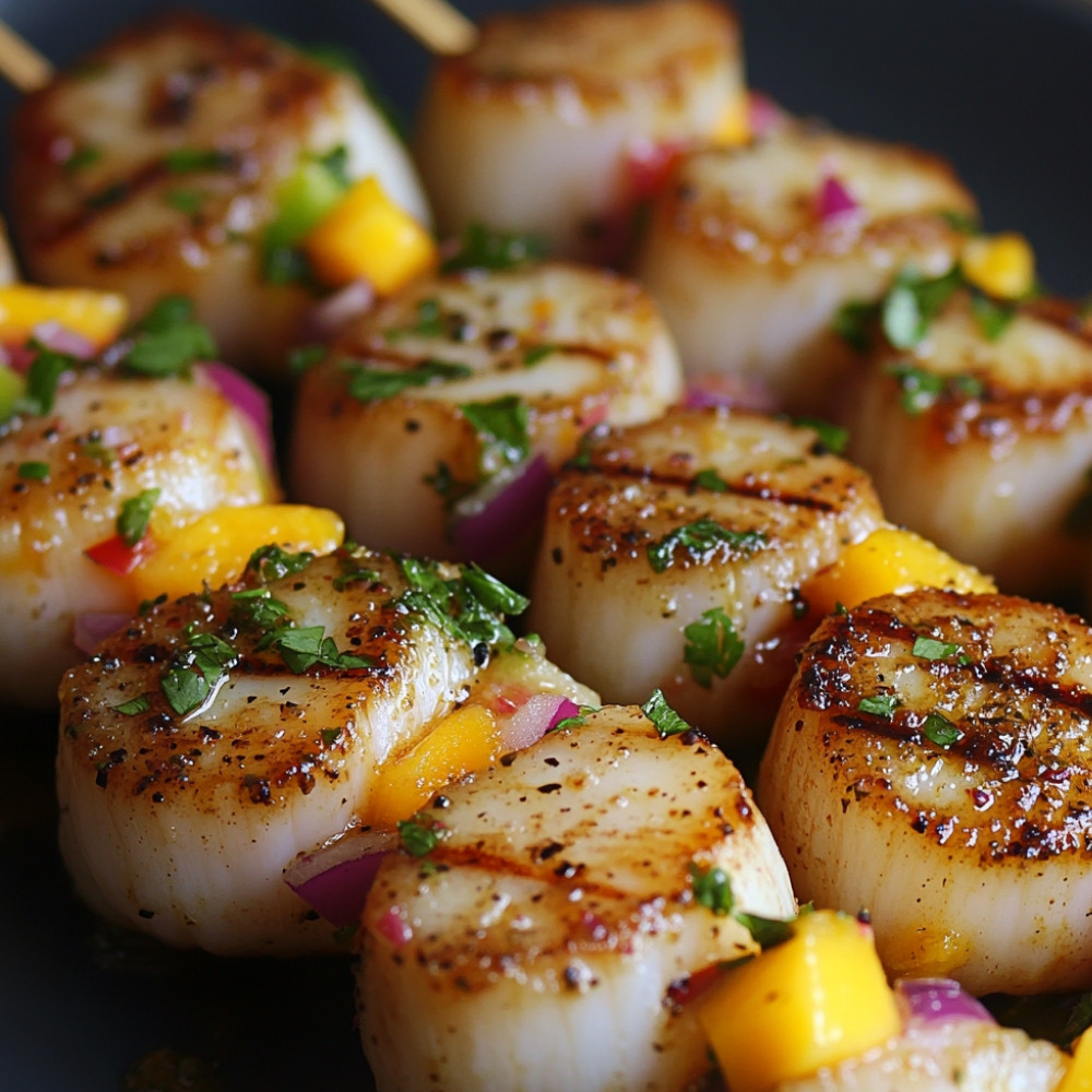 Brochettes de pétoncles sur salsa fruitée