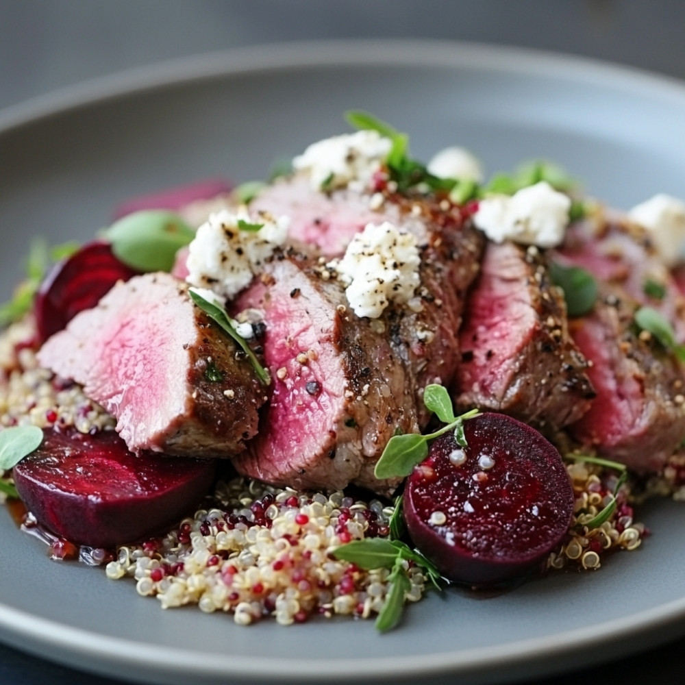 Longe d'agneau sur salade de quinoa et betteraves avec feta fouettée