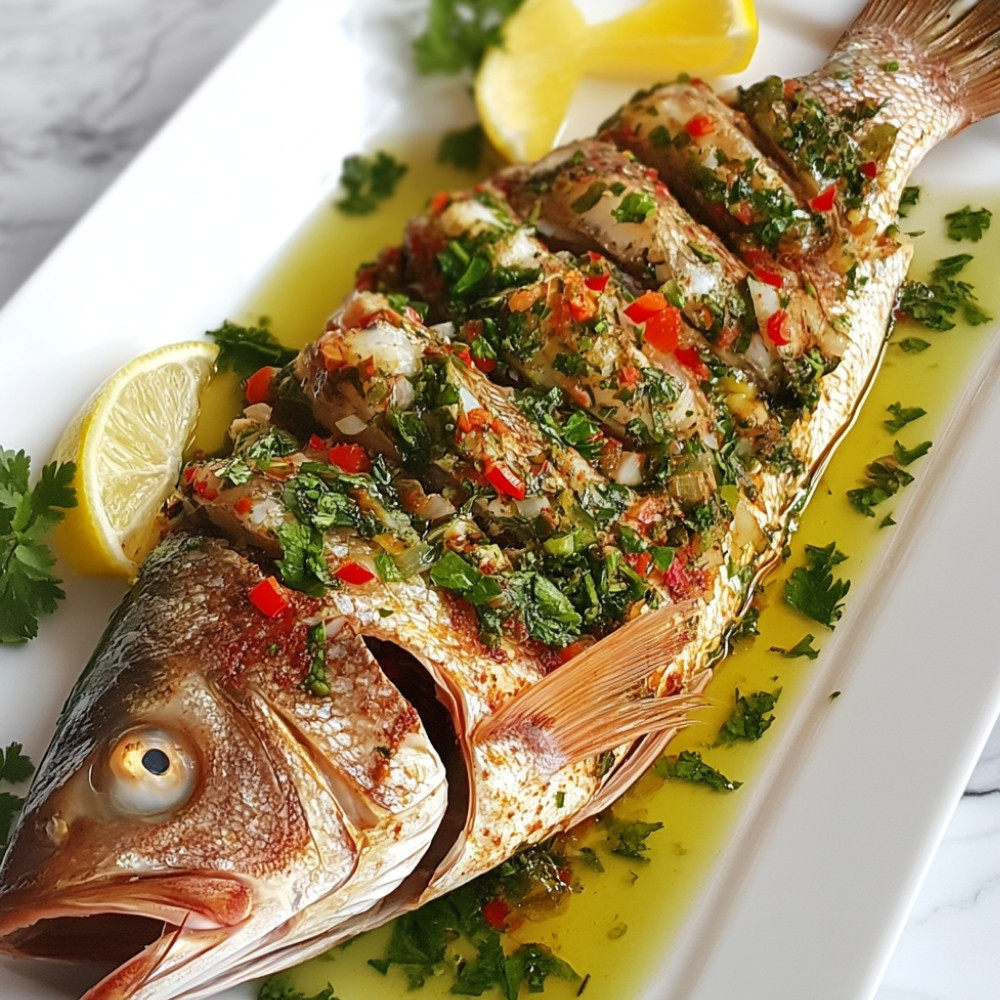 Peixe inteiro grelhado recheado com ervas e pimentas