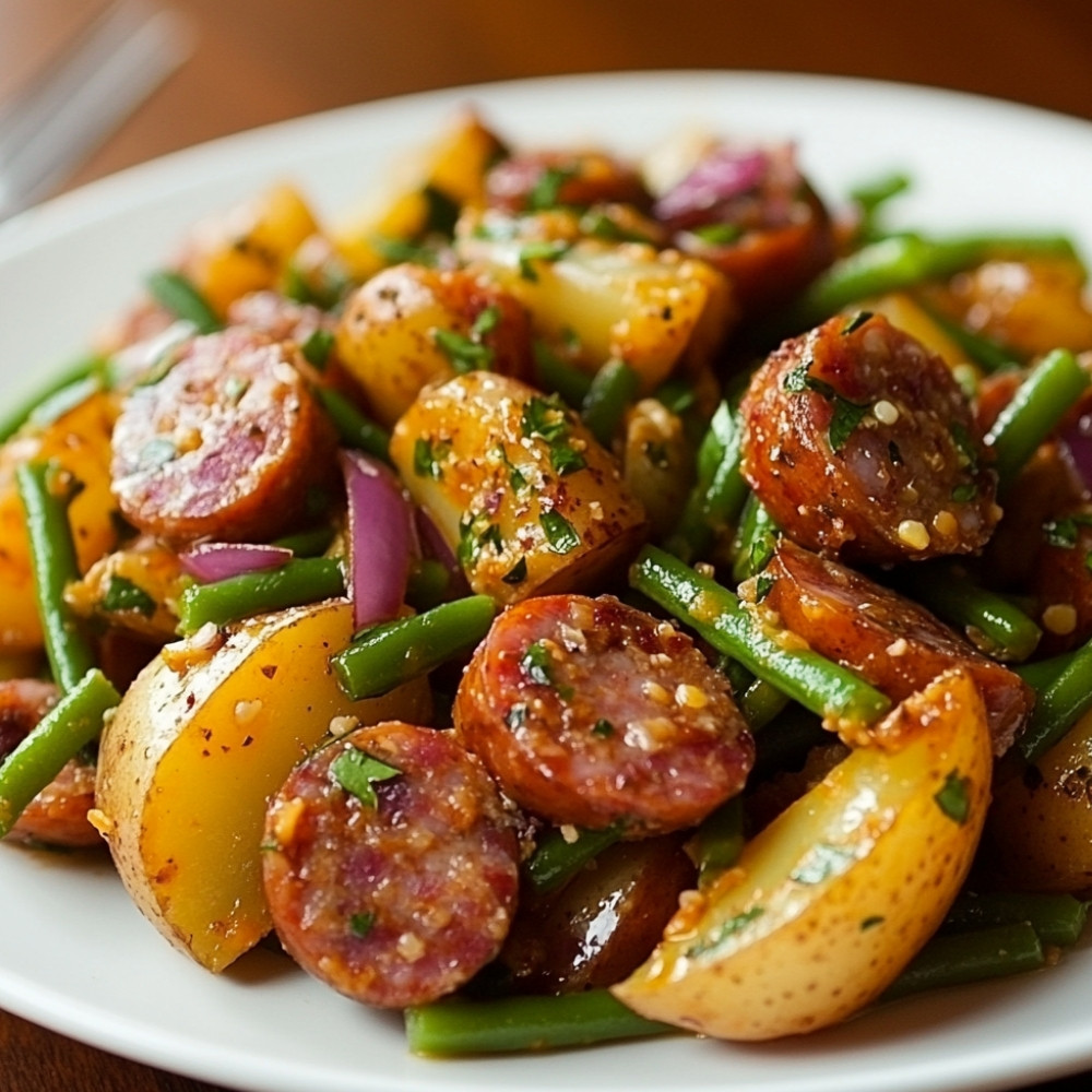 Salada de Batata com Linguiça e Molho de Mostarda Grãos