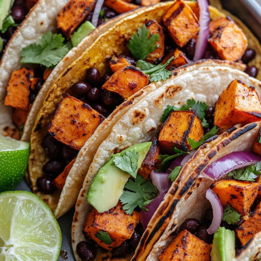 Tacos de batata-doce assada com mel e limão e feijão preto