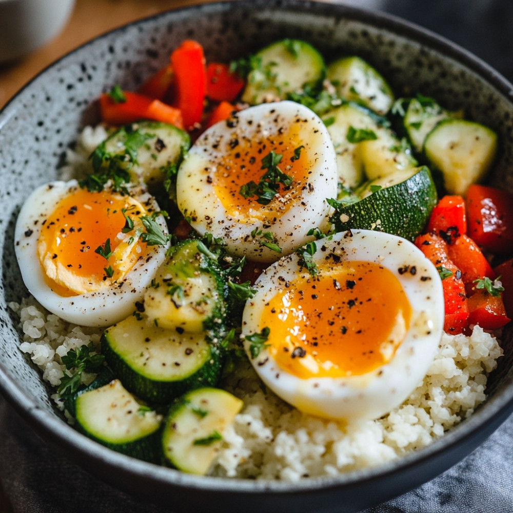 Bols de ovos mollet, legumes rôtis e riz de chou-fleur