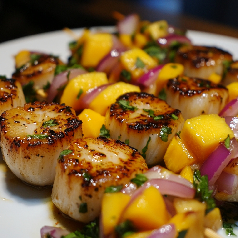 Brochettes de pétoncles sur salsa fruitée