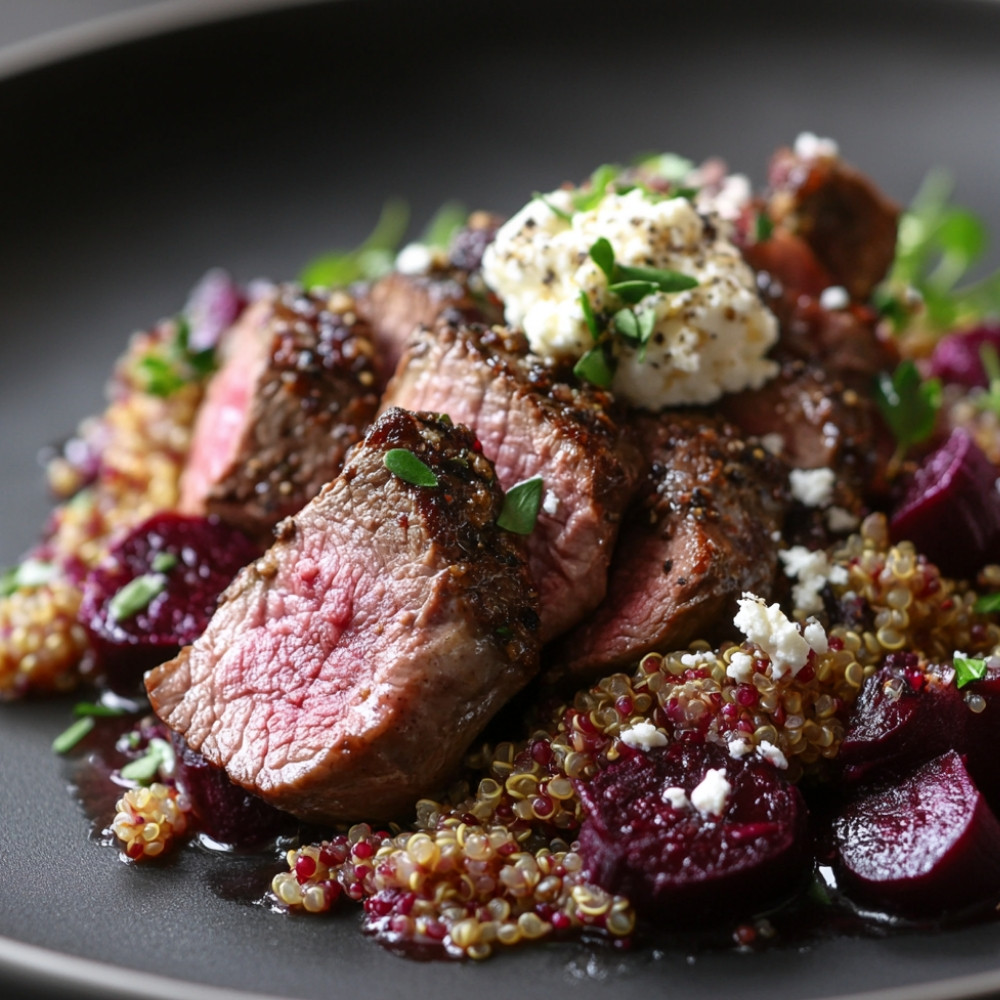 Longe d'agneau sur salade de quinoa et betteraves avec feta fouettée