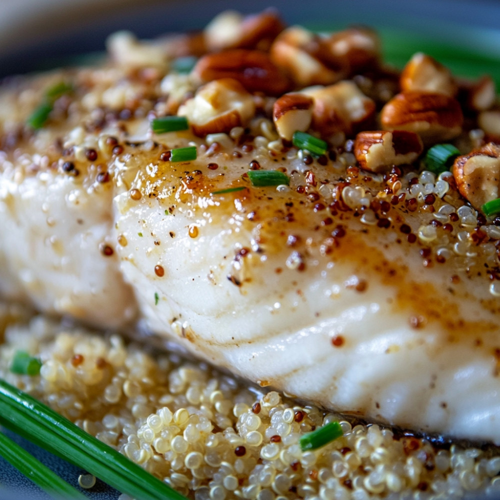 Peixe branco em crosta de quinoa, bordo e pecãs na air fryer