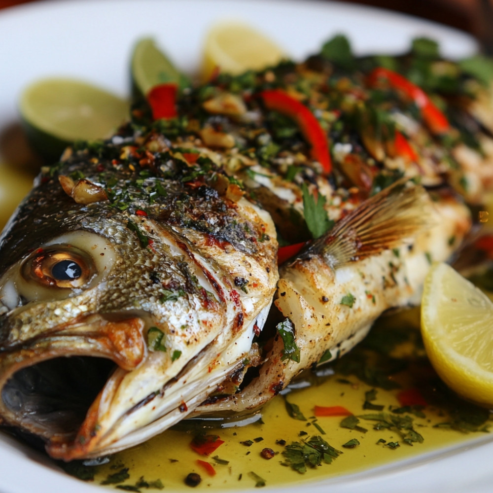 Peixe inteiro grelhado recheado com ervas e pimentas