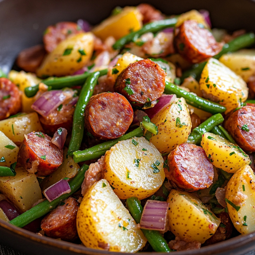 Salada de Batata com Linguiça e Molho de Mostarda Grãos