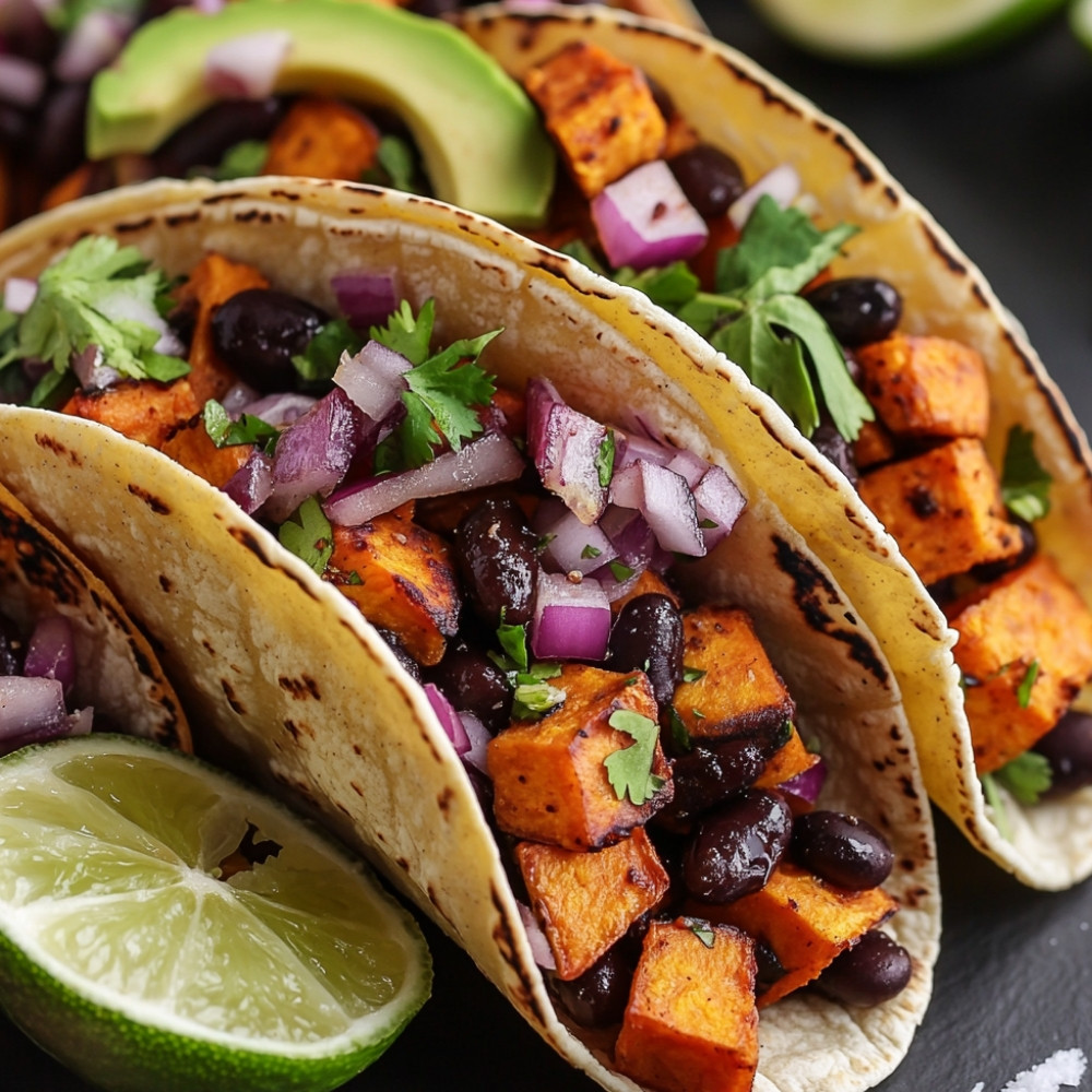 Tacos de batata-doce assada com mel e limão e feijão preto