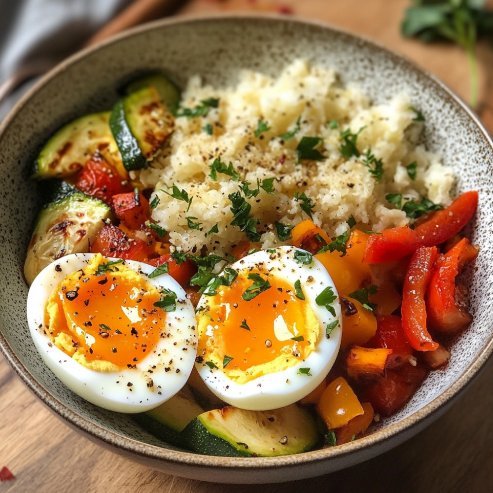 Bols de ovos mollet, legumes rôtis e riz de chou-fleur