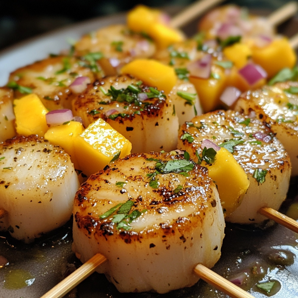 Brochettes de pétoncles sur salsa fruitée