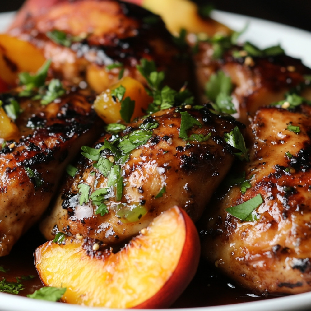 Frango grelhado com mel e alho, pimentas em conserva e pêssegos