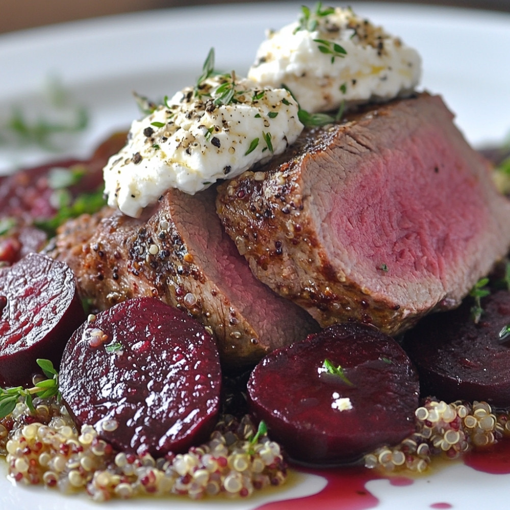Longe d'agneau sur salade de quinoa et betteraves avec feta fouettée