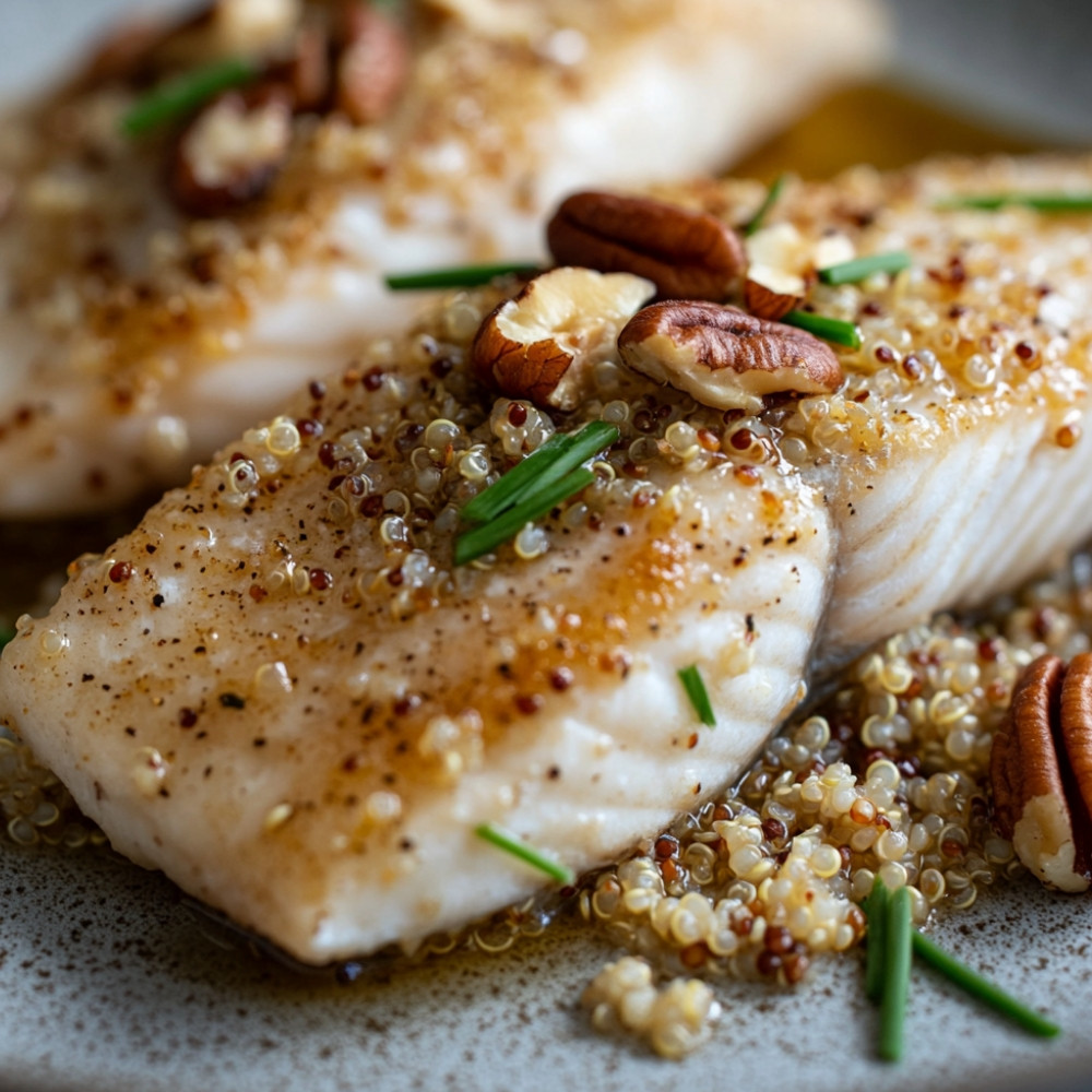 Peixe branco em crosta de quinoa, bordo e pecãs na air fryer