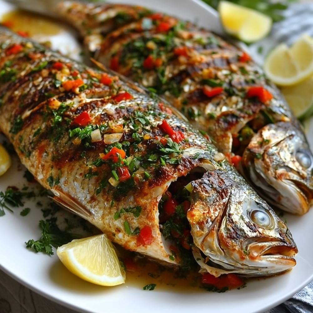 Peixe inteiro grelhado recheado com ervas e pimentas