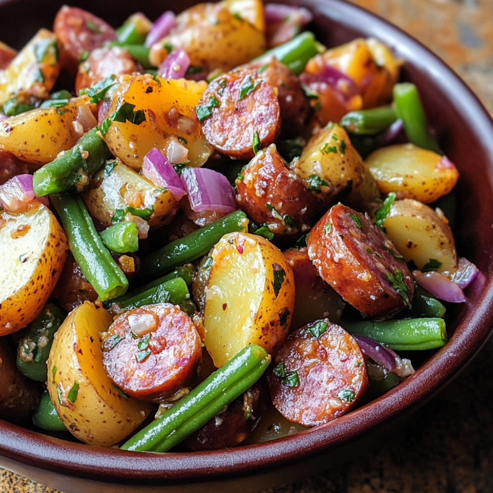 Salada de Batata com Linguiça e Molho de Mostarda Grãos