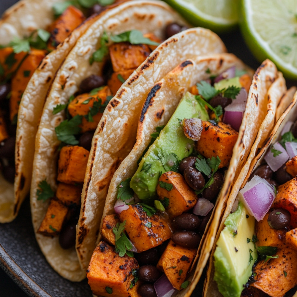 Tacos de batata-doce assada com mel e limão e feijão preto