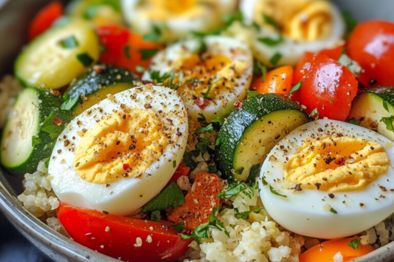 Bols de ovos mollet, legumes rôtis e riz de chou-fleur