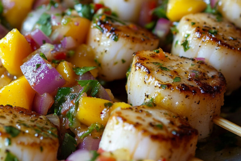 Brochettes de pétoncles sur salsa fruitée