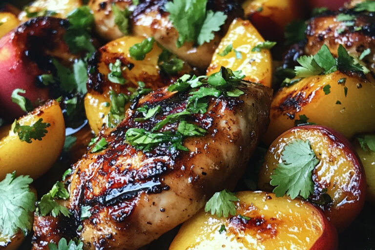 Frango grelhado com mel e alho, pimentas em conserva e pêssegos