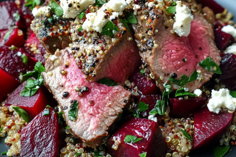 Longe d'agneau sur salade de quinoa et betteraves avec feta fouettée