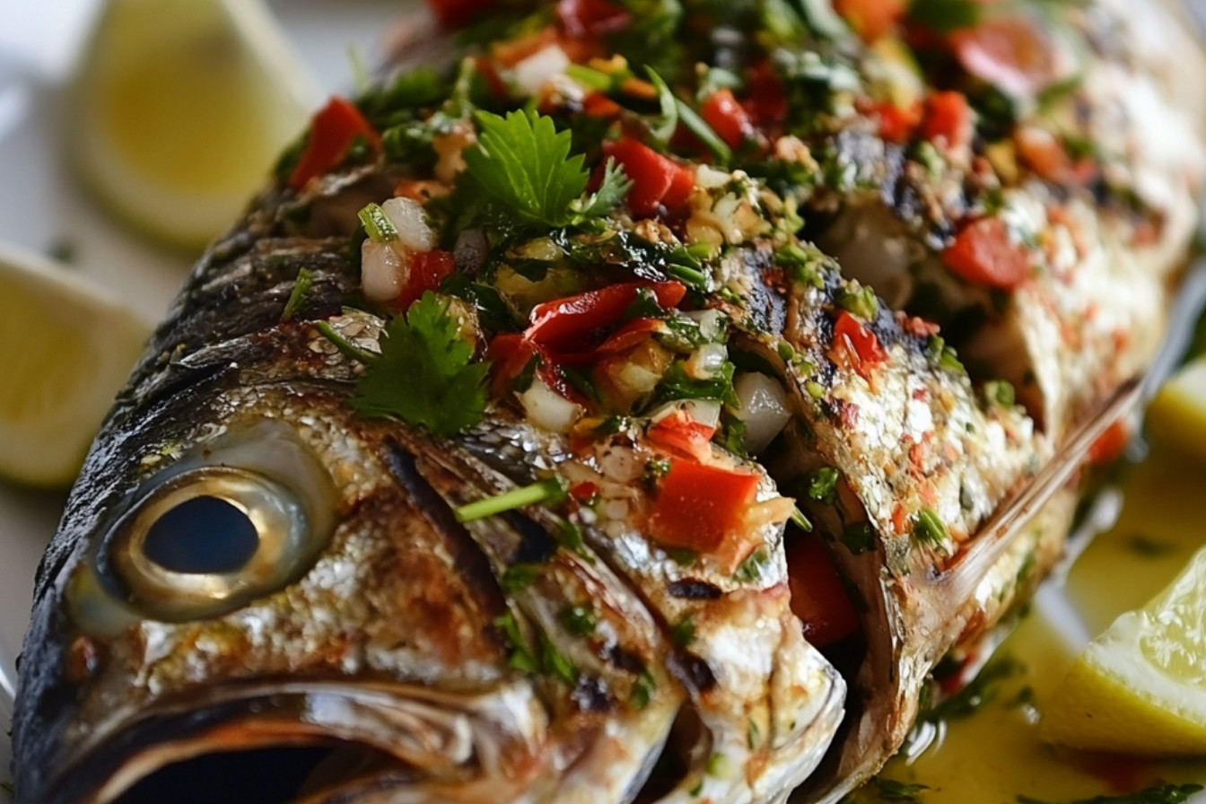 Peixe inteiro grelhado recheado com ervas e pimentas