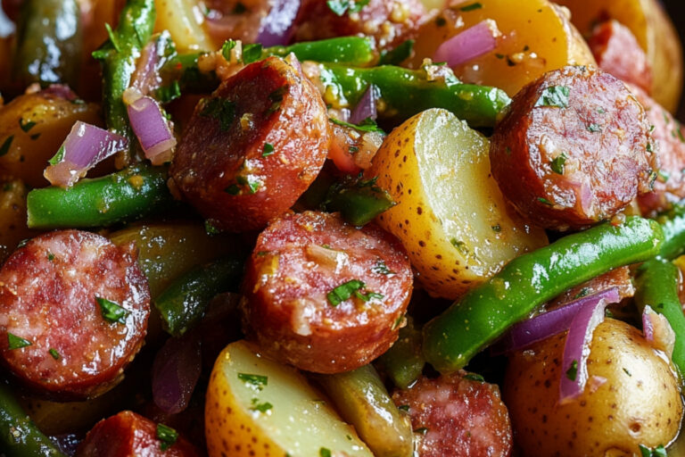 Salada de Batata com Linguiça e Molho de Mostarda Grãos