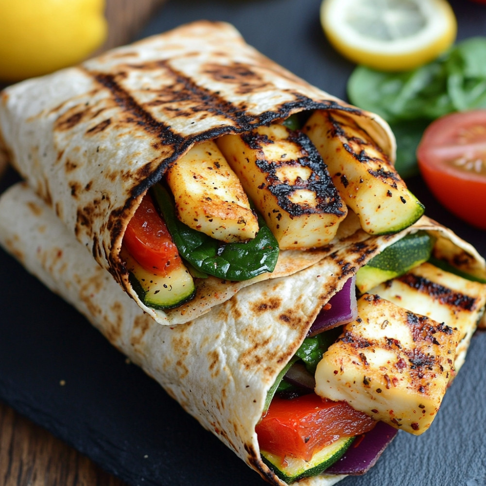 Wraps de vegetais com halloumi marinado e grelhado