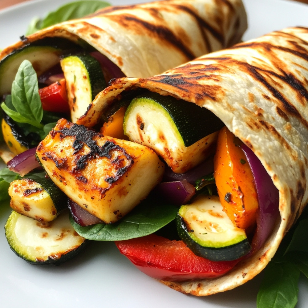 Wraps de vegetais com halloumi marinado e grelhado