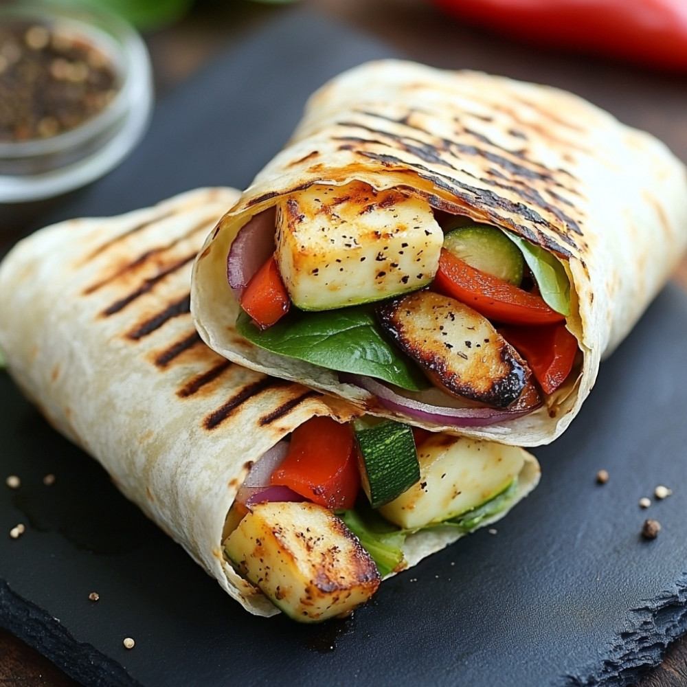 Wraps de vegetais com halloumi marinado e grelhado