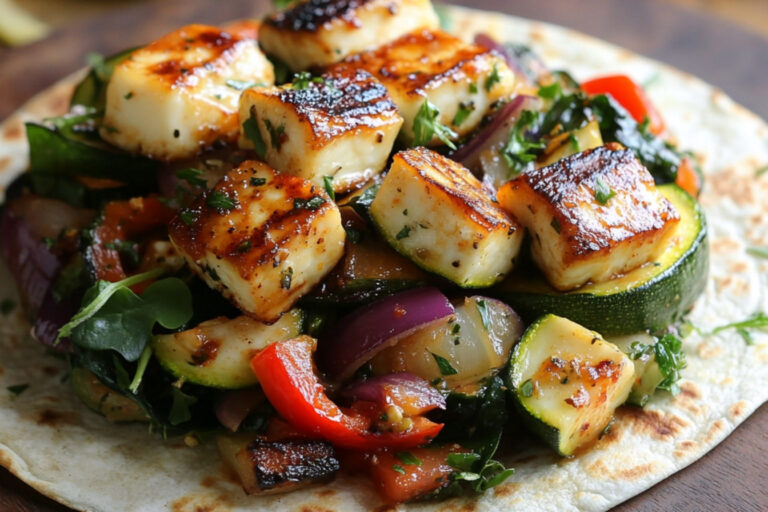 Wraps de vegetais com halloumi marinado e grelhado